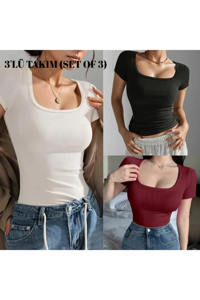Wearflawless 3'lü Takım Kaşkorse Kumaş Fitilli Göğüs Dekolteli Kısa Kollu Bluz, T-Shirt ürün görseli 1