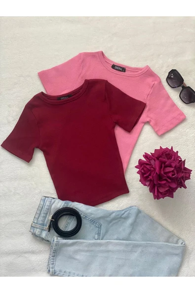 Wearflawless Kadın 2 Li Adet Fitilli Pamuklu Bisiklet Yaka Örme Kaşkorse Crop T-shirt ürün görseli 1