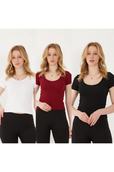 Wearflawless Kadın 3' lü Adet V Yaka Fitilli Kısa Kol T-Shirt, Bluz ürün görseli 1