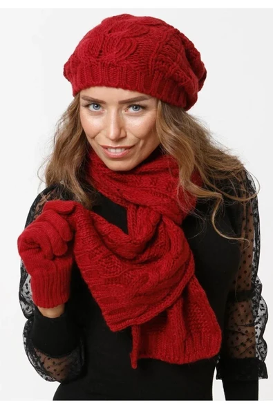 Wearflawless Bordo Kadın Kışlık 3'lü Set Atkı, Bere ve Eldiven Takımı ürün görseli 1