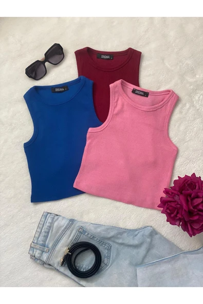 Wearflawless 3'lü Adet Kadın Halter Yaka Fitilli Askılı Sıfır Kol Crop Bluz ürün görseli 1
