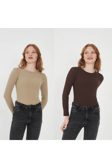Wearflawless Kadın %100 PAMUKLU 2' Li Bisiklet Yaka Uzun Kollu Fitilli Bluz Set ürün görseli 1