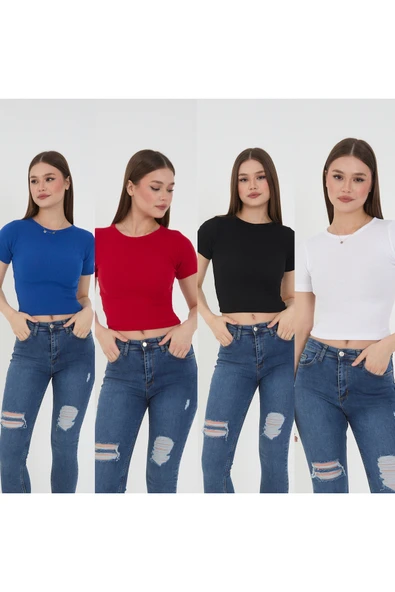 Wearflawless Kadın 4 Lü Adet Fitilli Pamuklu Örme Crop T-shirt ürün görseli 1