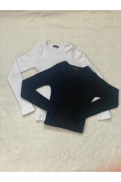 Wearflawless Kadın 2'li Siyah ve Beyaz Bisiklet Yaka Kaşkorse Fitilli Uzun Kollu Bluz ürün görseli 1