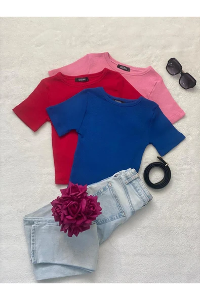 Wearflawless Kadın 3 Lü Adet Fitilli Pamuklu Bisiklet Yaka Örme Kaşkorse Crop T-shirt ürün görseli 1