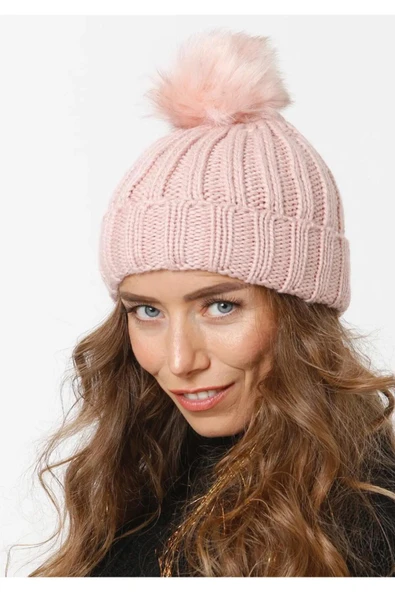 Wearflawless Kadın Pembe Bere Kışlık Yumuşak Akrilik Ponponlu Bere ürün görseli 1