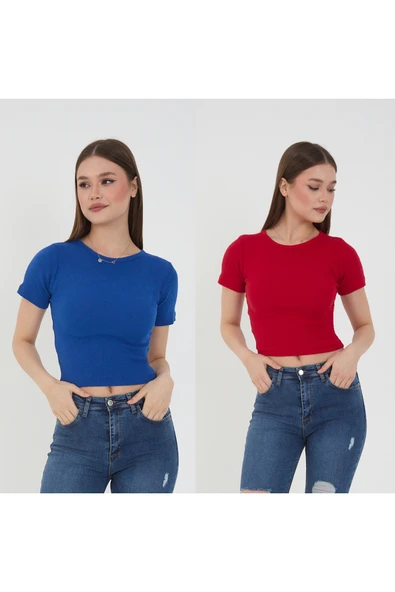 Wearflawless Kadın 2'li Kısa Kollu Fitilli Bisiklet Yaka Pamuklu Örme Kaşkorse Crop T-Shirt Bluz ürün görseli 1