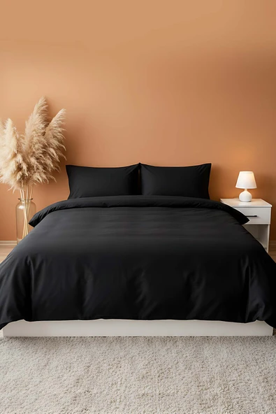 Elegant Siyah Saten Çift Kişilik %100 Pamuklu Nevresim Takımı - 4 Parça ürün görseli 1