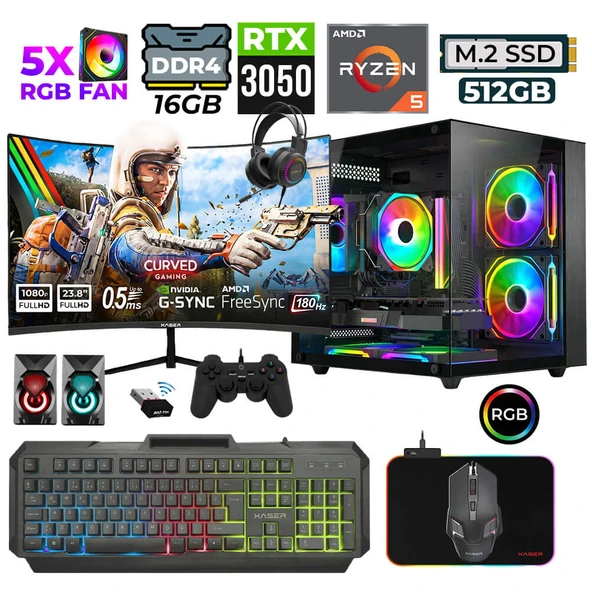 Xaser River X10 Ryzen 5 5500 16GB Ram 512GB M.2 NVMe SSD 6GB RTX3050 23.8" 180Hz Oyuncu Tavsiye Sistem ürün görseli 1