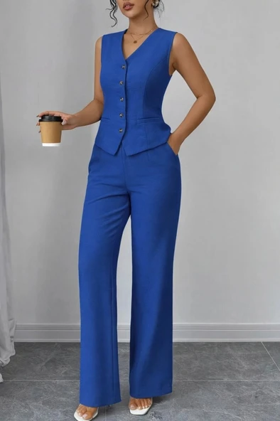 Kadın Askılı önden Düğmeli Bluz Ve Pantolon Keten Ikili Takım ürün görseli 1