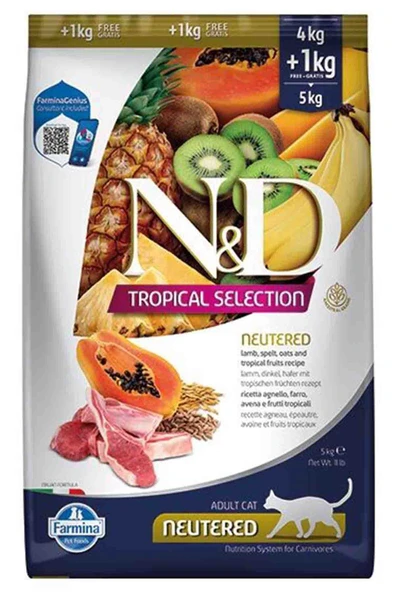 N&D ND Tropical Selection Kuzu Etli Kısırlaştırılmış Kedi Maması 4kg +1kg Hediyeli ürün görseli 1