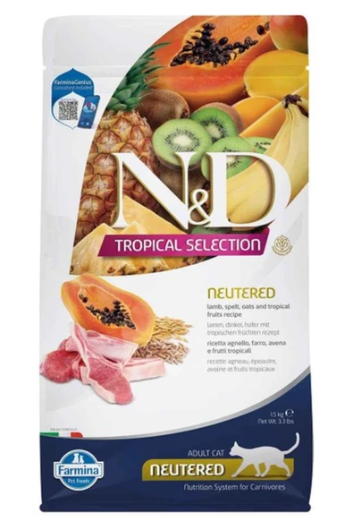 N&D Tropical Selection Düşük Tahıllı Kuzu Etli Ve Tropikal Meyveli Kısırlaştırılmış Kedi Maması 1,5k ürün görseli 1