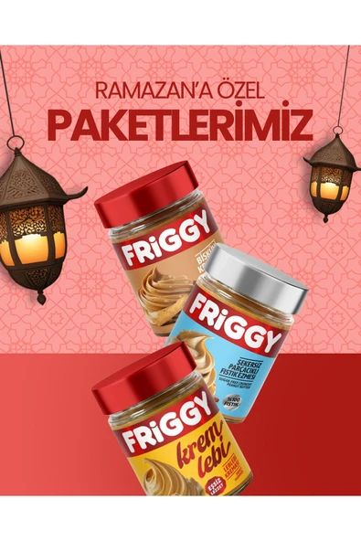 FRİGGY 3'lü Set Leblebi Kreması +Şekersiz Parçacıklı Fıstık Ezmesi+ Bisküvi Krem 320gr Özel Ramazan Paketi ürün görseli 1
