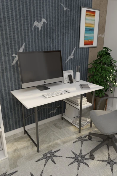 VayLife 2 Raflı Çalışma Masası 60x120 - Bilgisayar Ofis Ders Masası Beyaz ürün görseli 1