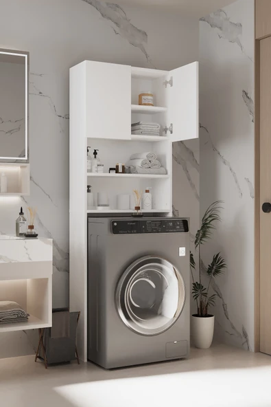 Plato Çamaşır Makinesi Dolabı 4 Raflı 2 Kapaklı Çamaşır Makinesi Dolabı Banyo Dolabı - Beyaz ürün görseli 1