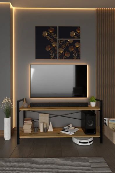 BAB TEDARİK HİZMETLERİ Ceviz Metal Ayaklı Tv Ünitesi Iki Raflı Tv Sehpası ürün görseli 1