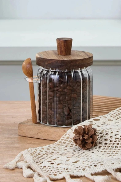 Mien Akasya Kapak Ve Kaşıklı Borosilikat Cam Kavanoz 450 Ml 0123 ürün görseli 1