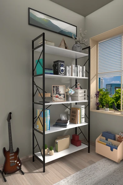 DizaynMotion Dizayn Motion 5 Raf Dekoratif 180 Cm Kitaplık Beyaz ürün görseli 1