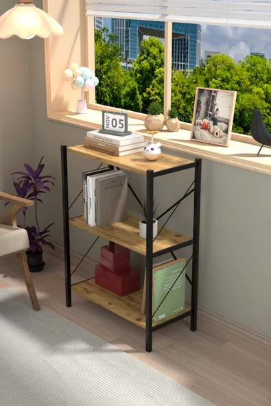 VayLife Metal Kitaplık 3 Raflı Dekoratif Kitaplık Ceviz ürün görseli 1