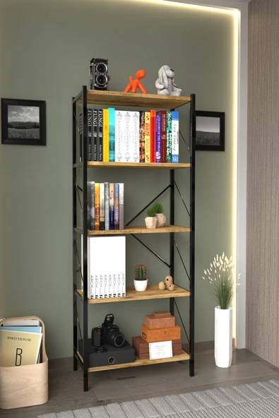 HEREVİM Metal Kitaplık 5 Raflı Ofis Kitaplığı Kitap Dosya Rafı Ceviz ürün görseli 1
