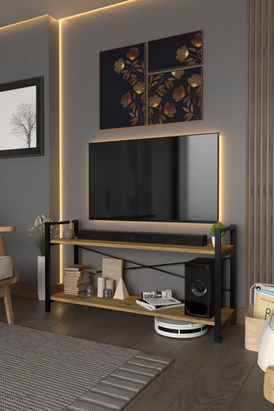 DIGERUI 2 Metal Raflı Televizyon Sehpası Tv ünitesi Tv sehpası Ceviz ürün görseli 1