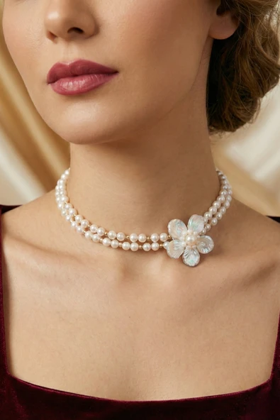 Doğal İnci Çiçek Choker Kolye - Resim 2
