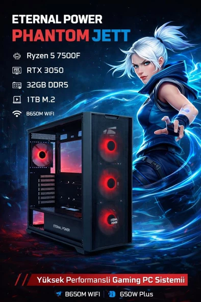 Eternal Power PHANTOM JETT Ryzen 5 7500F RTX 3050 32GB DDR5 1TB M.2 B650M WIFI 650W Gaming PC ürün görseli 1