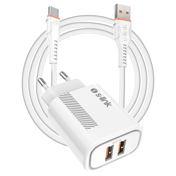 S-link SL-EC50 (SL-EC50T) 5V 2400MA Type-C Kablolu 2 USB Çıkışlı Beyaz Ev Şarj Adaptörü ürün görseli 1