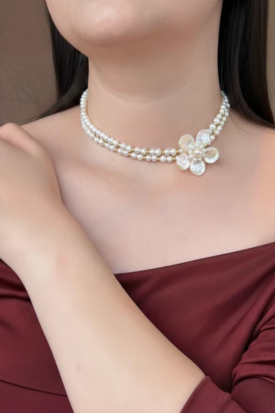 Doğal İnci Çiçek Choker Kolye - Resim 5