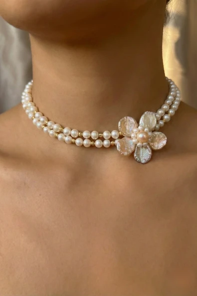 Doğal İnci Çiçek Choker Kolye - Resim 4