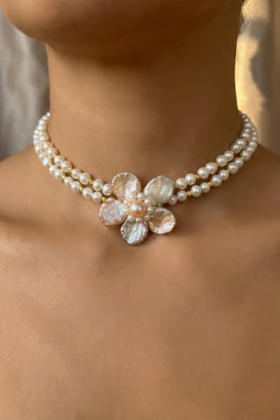Doğal İnci Çiçek Choker Kolye - Resim 3