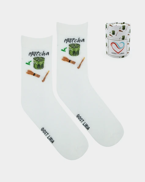 Macha Socks – Desenli Unisex Ekru Soket Çorap ürün görseli 1