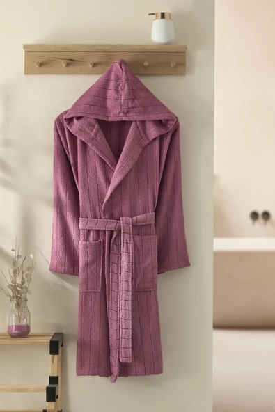 Saten Çizgili Unisex Pamuklu Bornoz ürün görseli 1