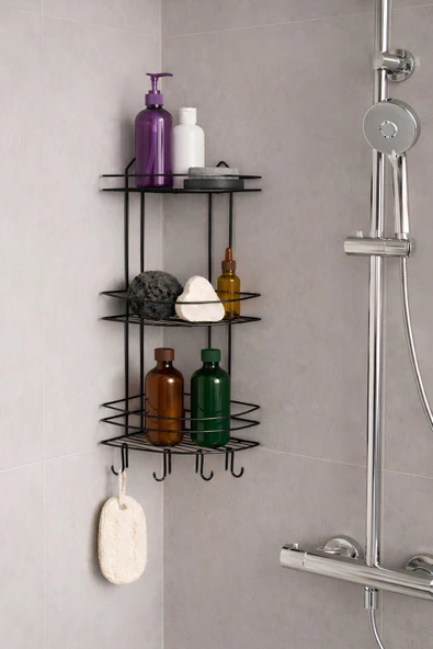 Banyo Köşe Rafı Askılı Duş Organizeri ve Şampuanlık 3 Katlı Siyah EK-03 ürün görseli 1