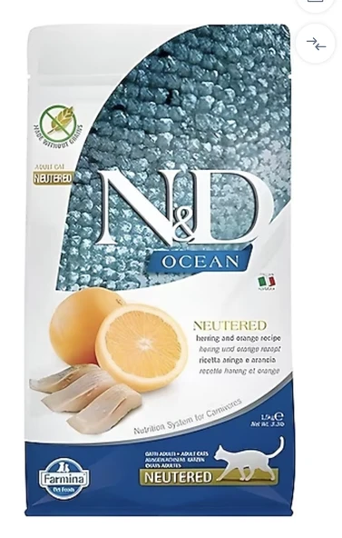 N&D Ocean Ringa Balıklı ve Portakallı 1.5 kg Kısırlaştırılmış Yetişkin Kedi Maması ürün görseli 1