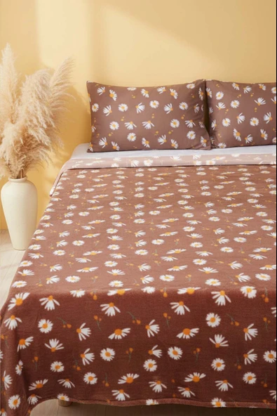 Kahve Papatyalı Çift Kişilik Peluş Battaniye ürün görseli 1