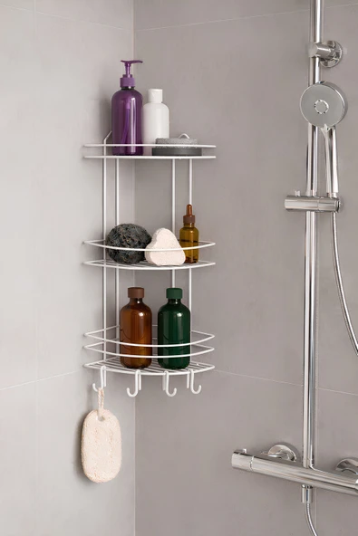 Banyo Köşe Rafı Askılı Duş Organizeri ve Şampuanlık 3 Katlı Beyaz EK-03 ürün görseli 1