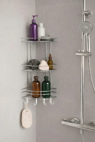Banyo Köşe Rafı Askılı Duş Organizeri ve Şampuanlık 3 Katlı Krom EK-03 ürün görseli 1