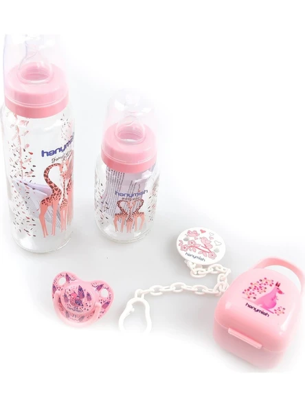 Hanymish 5'li Pembe Biberon Emzik Seti Cam Malzemeden 240 ml Hacimle Kız Çocuklar İçin ürün görseli 1