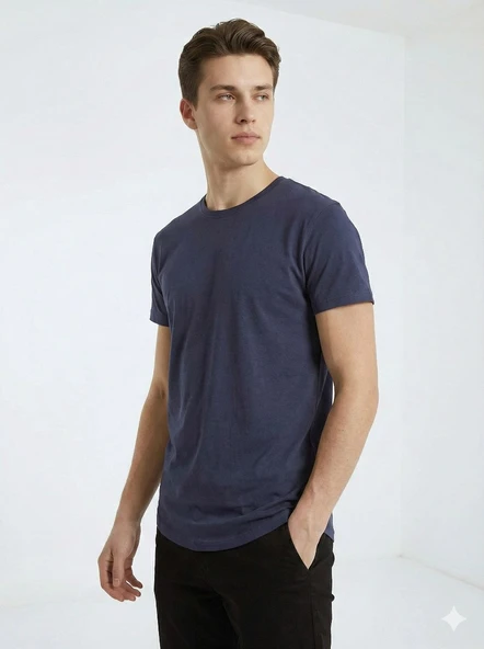 Erkek Oval Kesim (Longline) Basic T-Shirt - Resim 4