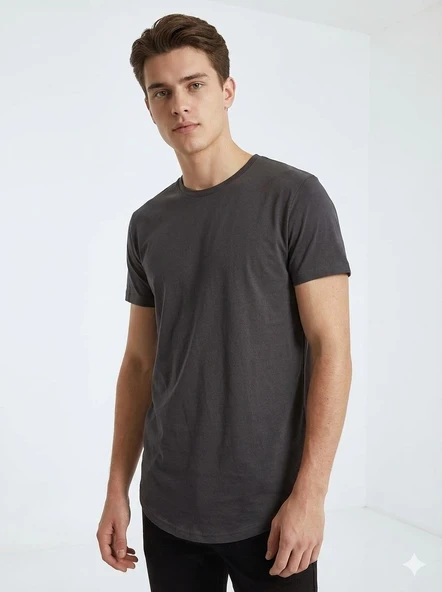 Erkek Oval Kesim (Longline) Basic T-Shirt - Resim 5