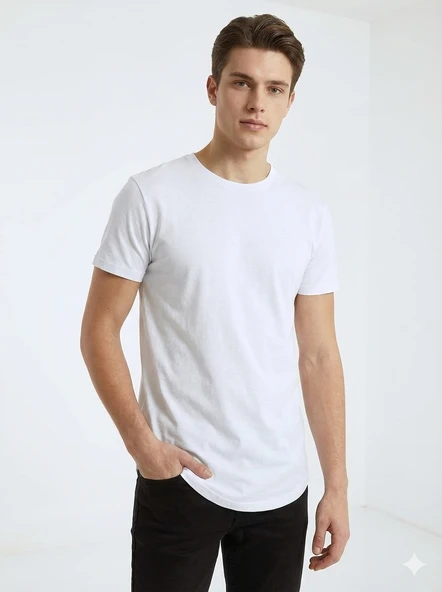 Erkek Oval Kesim (Longline) Basic T-Shirt - Resim 2