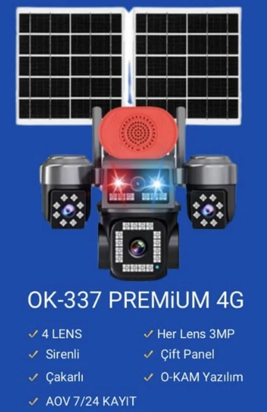 OK-337PREMiUM4G 4 kameralı 12mp 4G Solar Sim Kartlı Çift Güneş Panelli Güvenlik Kamerası ürün görseli 1