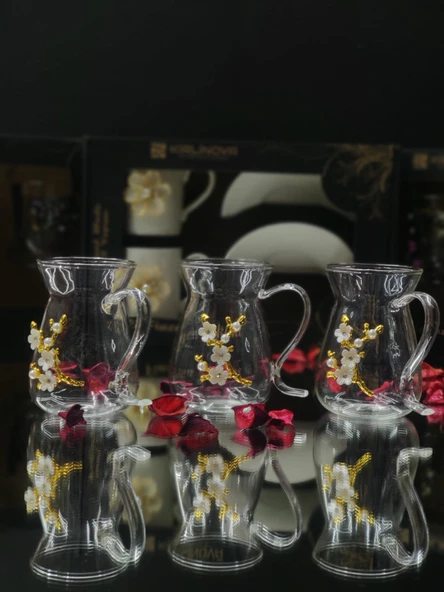 Dal Çiçek Borosilikat Çay Bardağı 3lü Cam Set El Yapımı ürün görseli 1