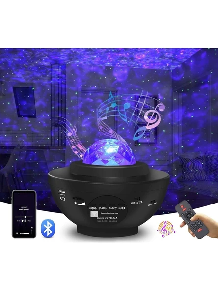 LED Yıldız Bluetooth Hoparlörlü Projektör  Okyanus Dalgası Efektli, 21 Modlu, USB Gece Lambası ürün görseli 1