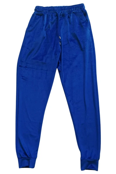 Parlak Kadife Cepli Pantolon Eşofman Pijama Altı Unisex Lastikli Paça Mavi ürün görseli 1