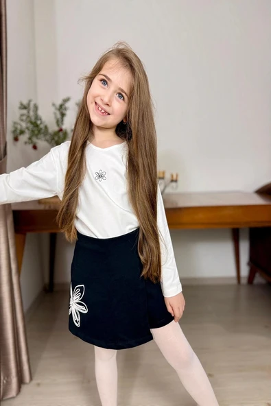 Nakışlı Şort Etekli 2li Kız Çocuk Takım ürün görseli 1