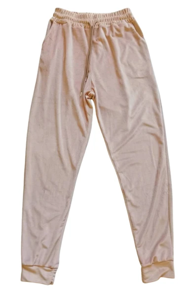 Parlak Kadife Cepli Pantolon Eşofman Pijama Altı Unisex Lastikli Paça Bej ürün görseli 1
