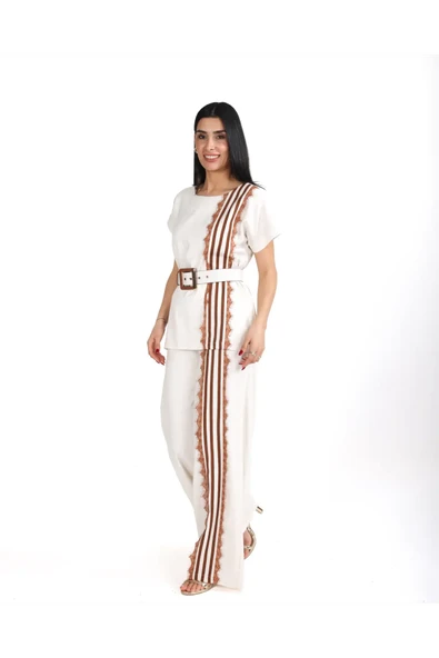 Trend Kadın Krem Keten Dokulu Bol Paça Pantolon ve Kısa Kollu Bluz Takımı ürün görseli 1