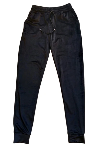 Parlak Kadife Cepli Pantolon Eşofman Pijama Altı Unisex Lastikli Paça Siyah ürün görseli 1